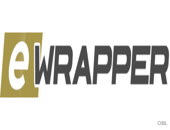 The image features the logo of 'eWRAPPER'. The logo consists of two blocks with text within them. One block on the left side has a green background with white text, reading "e". This likely stands for electric or electronic wrapper. On the right side is another larger black rectangle containing the words 'WRAPPER' in capital letters and also colored grey to match the overall color scheme. The design uses two contrasting colors - green and dark shades of gray - against a plain background which highlights the text clearly, making it easily readable even from afar or on various media formats such as online platforms where this image might be displayed.